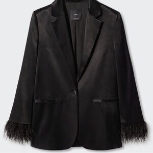 Mango Elegant Black Feather-Trimmed Women's Blazer